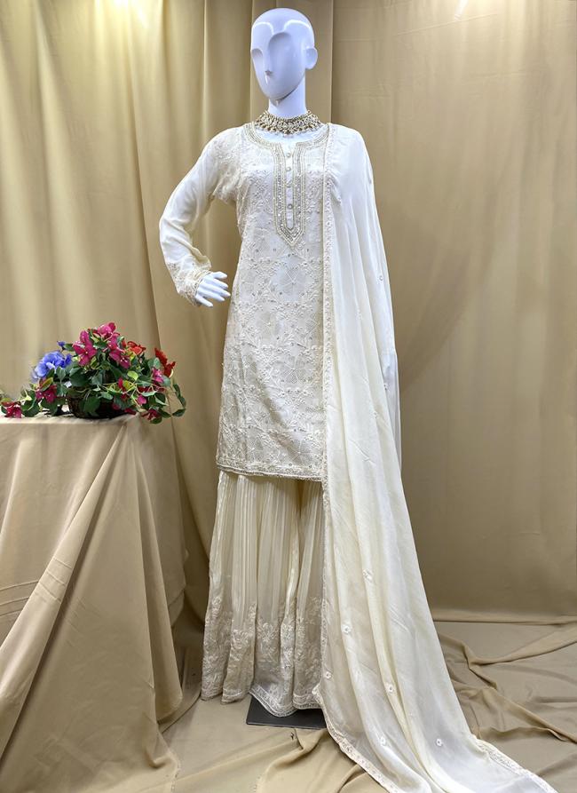 Chiffon White Wedding Wear Embroidery Work Readymade Salwaar Suit